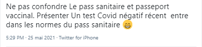 Tweet expliquant la différence entre pass sanitaire et passeport vaccinal Tweet expliquant la différence entre pass sanitaire et passeport vaccinal