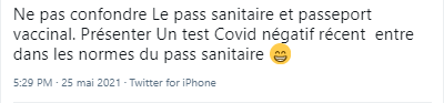 Tweet expliquant la différence entre pass sanitaire et passeport vaccinal