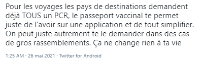 Tweet en faveur du passeport vaccinal Tweet en faveur du passeport vaccinal