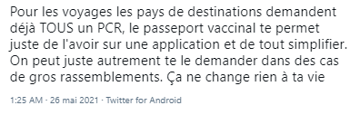 Tweet en faveur du passeport vaccinal