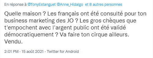 Tweet contre les JO 2024 argument : cachet pour l'organisation Tweet contre les JO 2024 argument : cachet pour l'organisation