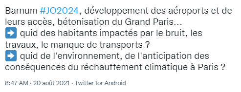 Tweet contre le jp 2024 argument : l'environnement et les locaux