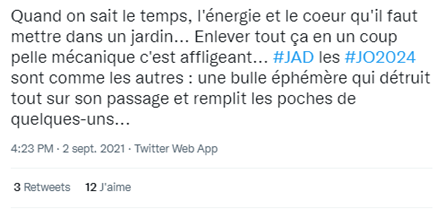 Tweet contre les jeux argument : destruction des jardins Tweet contre les jeux argument : destruction des jardins