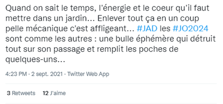 Tweet contre les jeux argument : destruction des jardins 