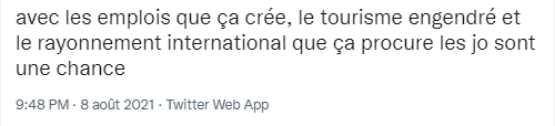 Tweet en faveur des jo 2024 argument : rayonnement national