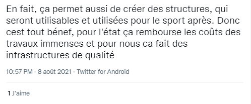 Tweet en faveur des jo 2024 argument : coût moindre Tweet en faveur des jo 2024 argument : cout moindre