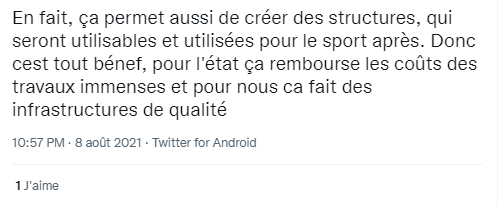 Tweet en faveur des jo 2024 argument : cout moindre