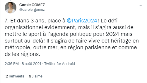 Tweet en faveur des jo 2024 argument : héritage national