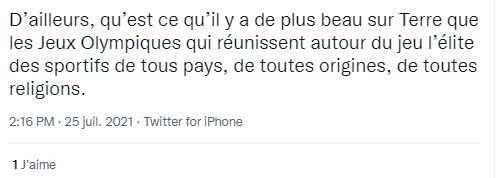 Tweet en faveur des jo 2024 argument : rassemblement sportif Tweet en faveur des jo 2024 argument : rassemblement sportif